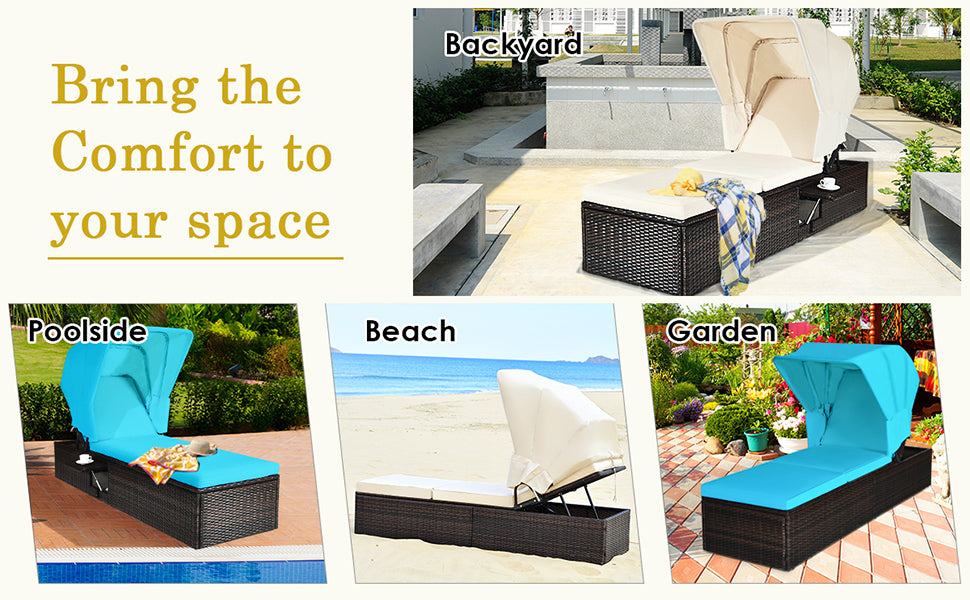 Outdoor Adjustable Rattan Cushioned Chaise Lounge Reclining Chair with Folding Canopy and Flip-up Tea Table