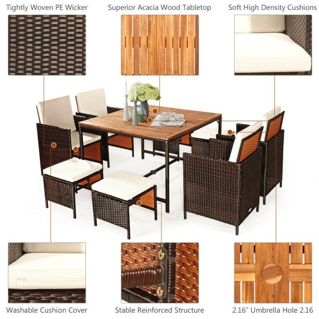 9 Pieces Outdoor Patio Acacia Wood Space Saving Dining Table Set Furniture Set with Cushion