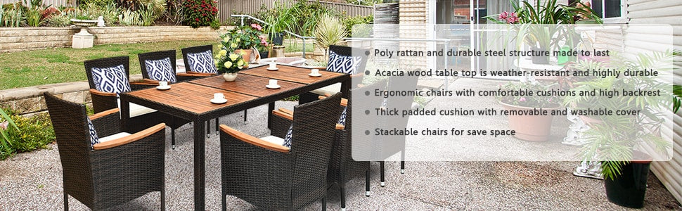 9 Pcs Outdoor Wicker Dining Set Patio Furniture Set with Acacia Wood Table and Stackable Armrest Chairs