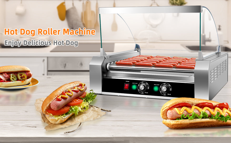 Chairliving 18 Hot Dog 7 Roller Machine Commercial Sausage Grill Cooker Household Rotisserie with Glass Hood Cover