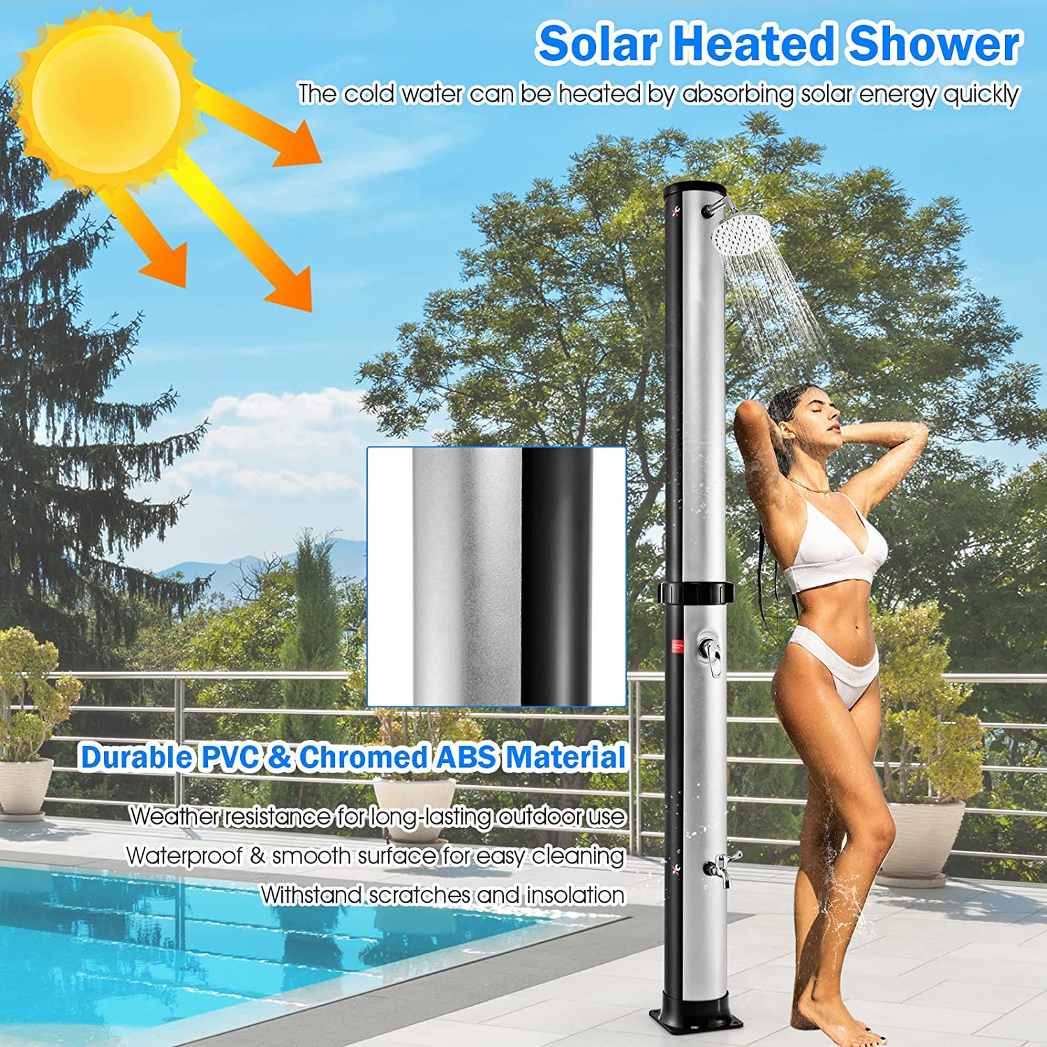 Chairliving 7.2FT Outdoor Solar-Heated Shower 10 Gallon 2-Section Pool Shower with Free-Rotating Shower Head Foot Tap Spigot