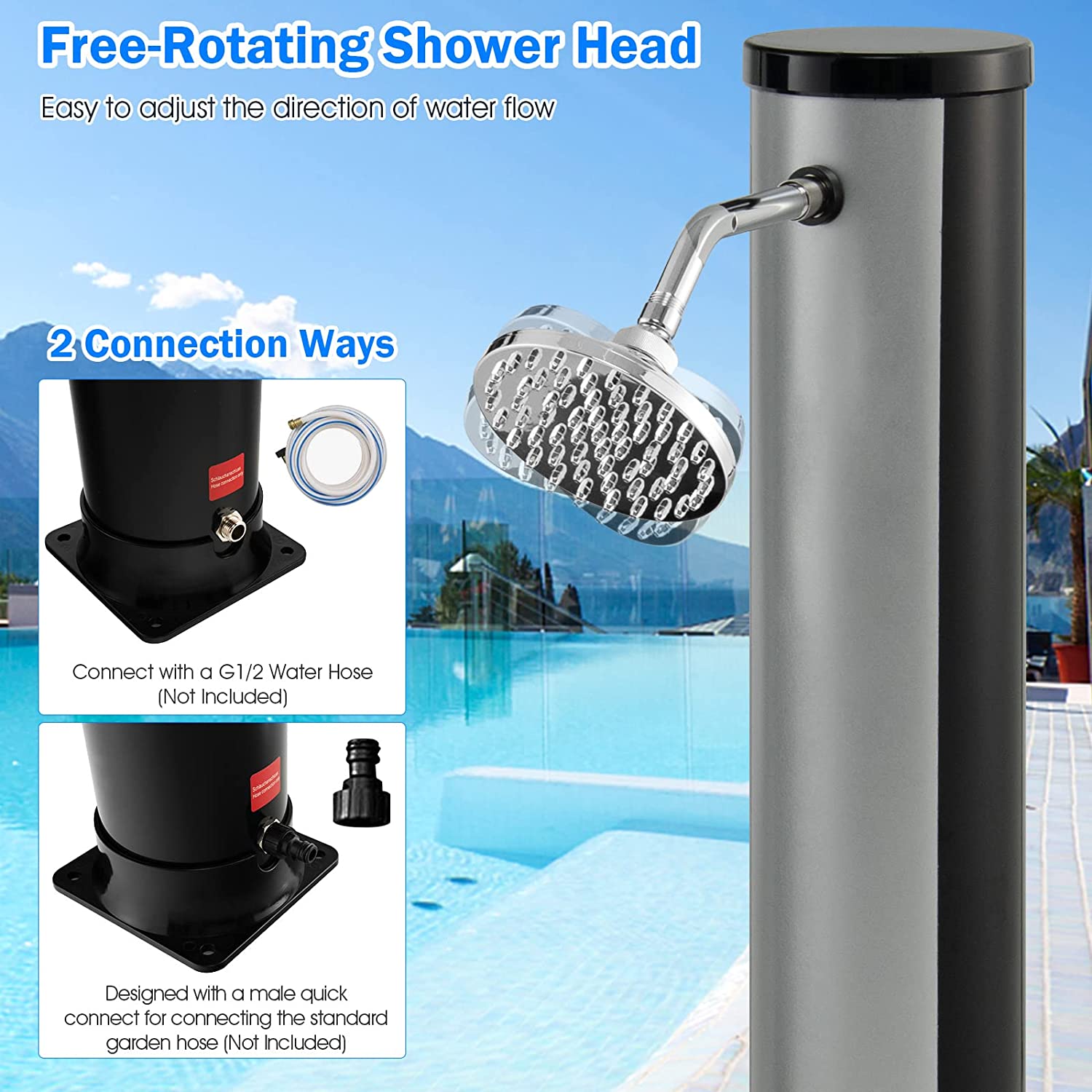 Chairliving 7.2FT Outdoor Solar-Heated Shower 10 Gallon 2-Section Pool Shower with Free-Rotating Shower Head Foot Tap Spigot
