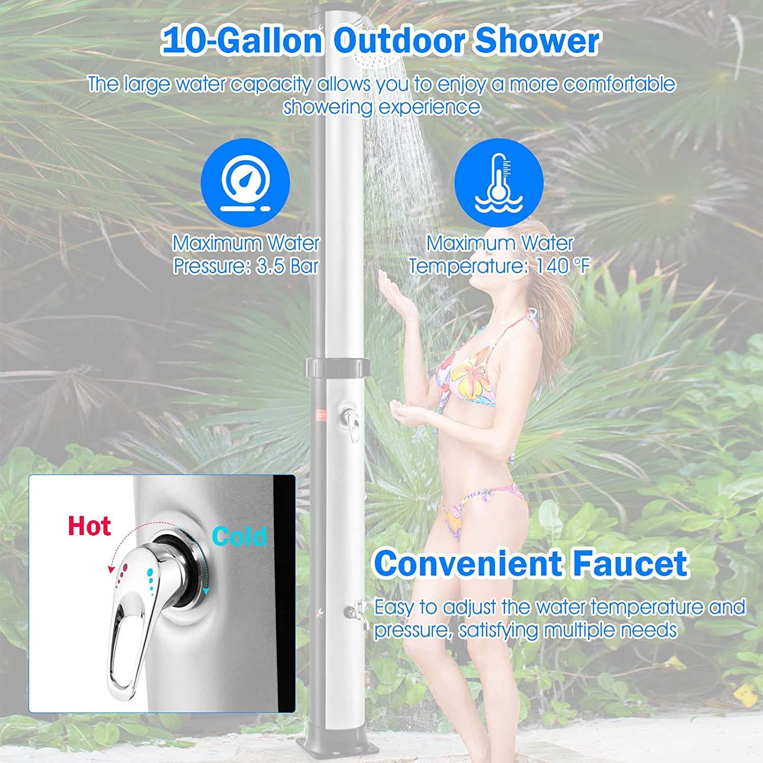 Chairliving 7.2FT Outdoor Solar-Heated Shower 10 Gallon 2-Section Pool Shower with Free-Rotating Shower Head Foot Tap Spigot