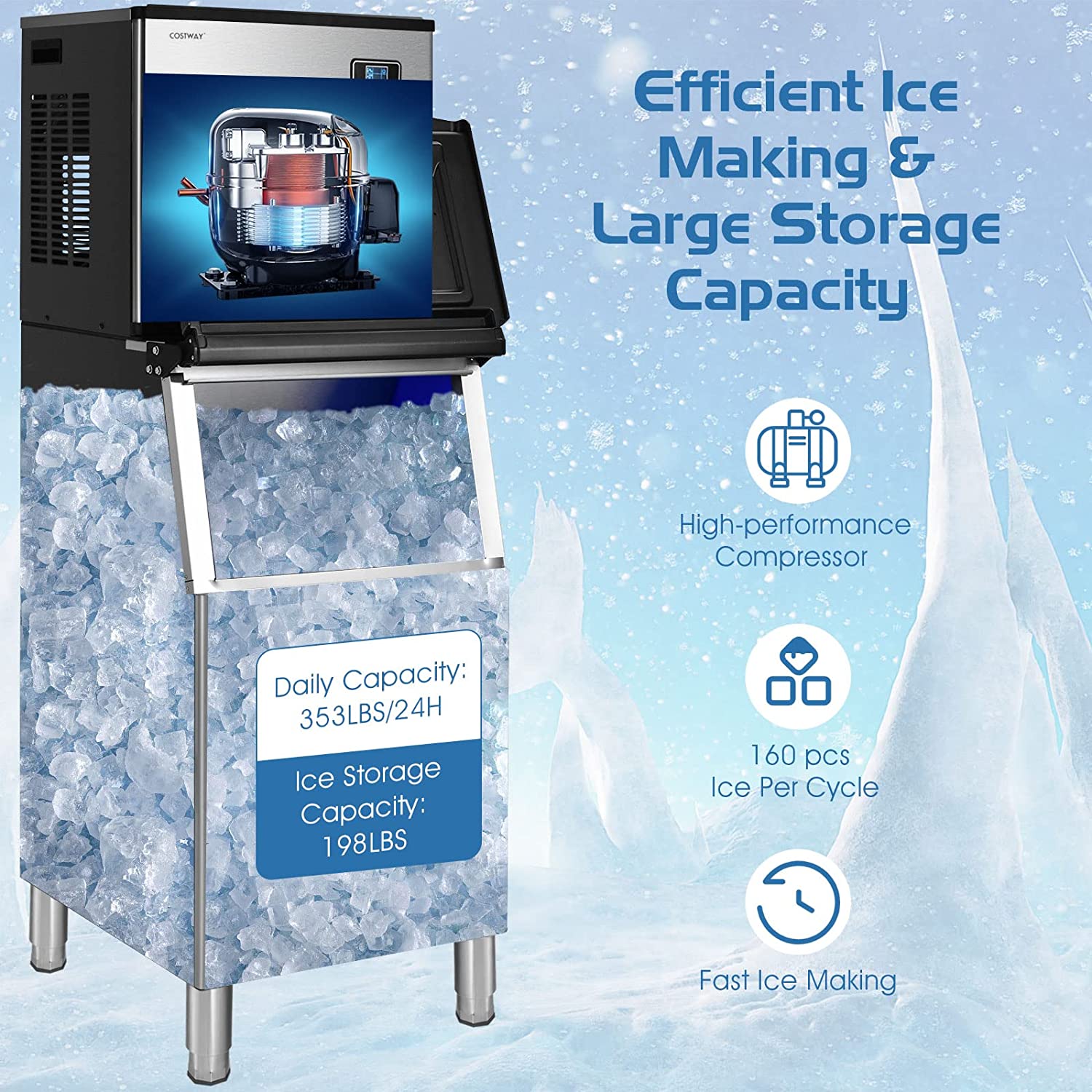 353LBS/24H Split Commercial Ice Maker Full-Automatic Vertical Industrial Modular Ice Machine with 198 LBS Storage Bin