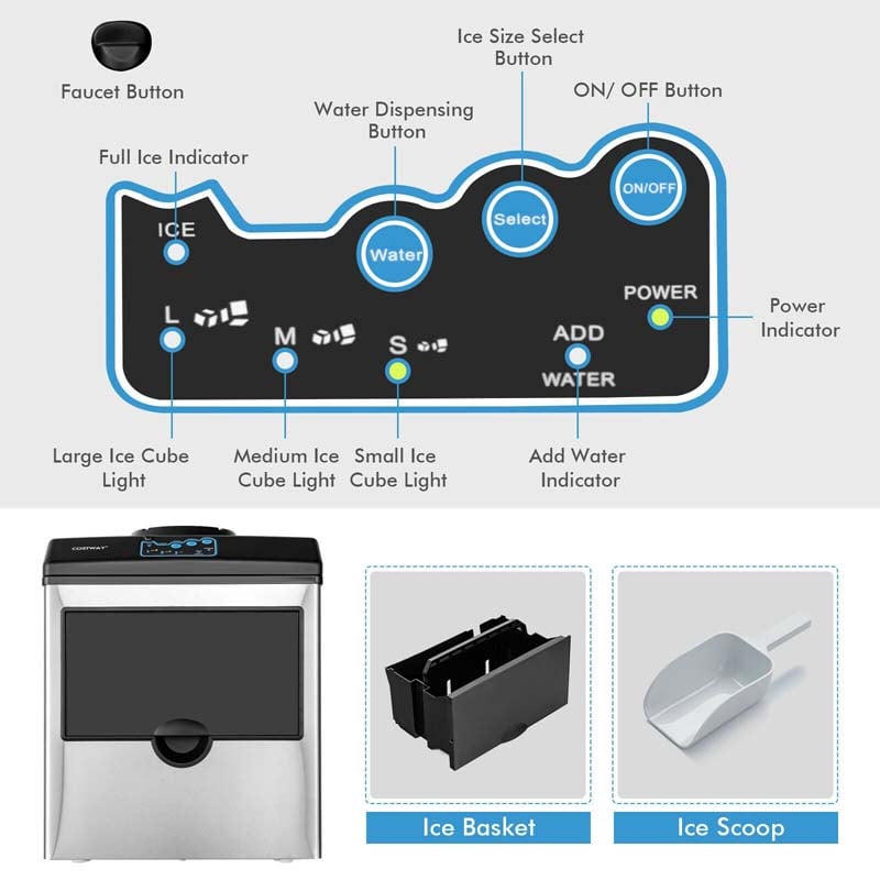 48LBS/24H Stainless Steel Countertop Ice Maker 2-in-1 Water Ice Cube Machine with 5LBS Ice Storage Basket and Ice Scoop