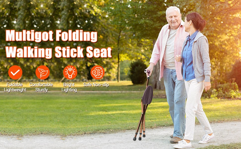 Multigot Folding Walking Stick Cane Seat Portable Adjustable Crutch Chair with LED Light and Retractable Legs