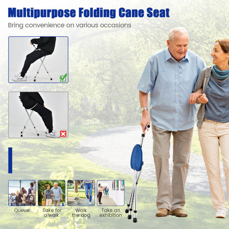 Multigot Folding Walking Stick Cane Seat Portable Adjustable Crutch Chair with LED Light and Retractable Legs
