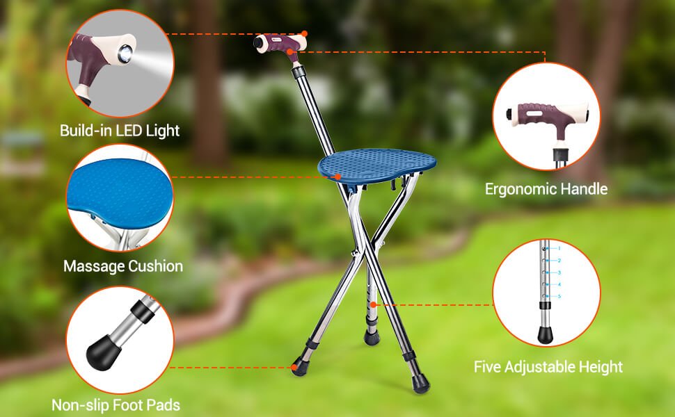 Multigot Folding Walking Stick Cane Seat Portable Adjustable Crutch Chair with LED Light and Retractable Legs