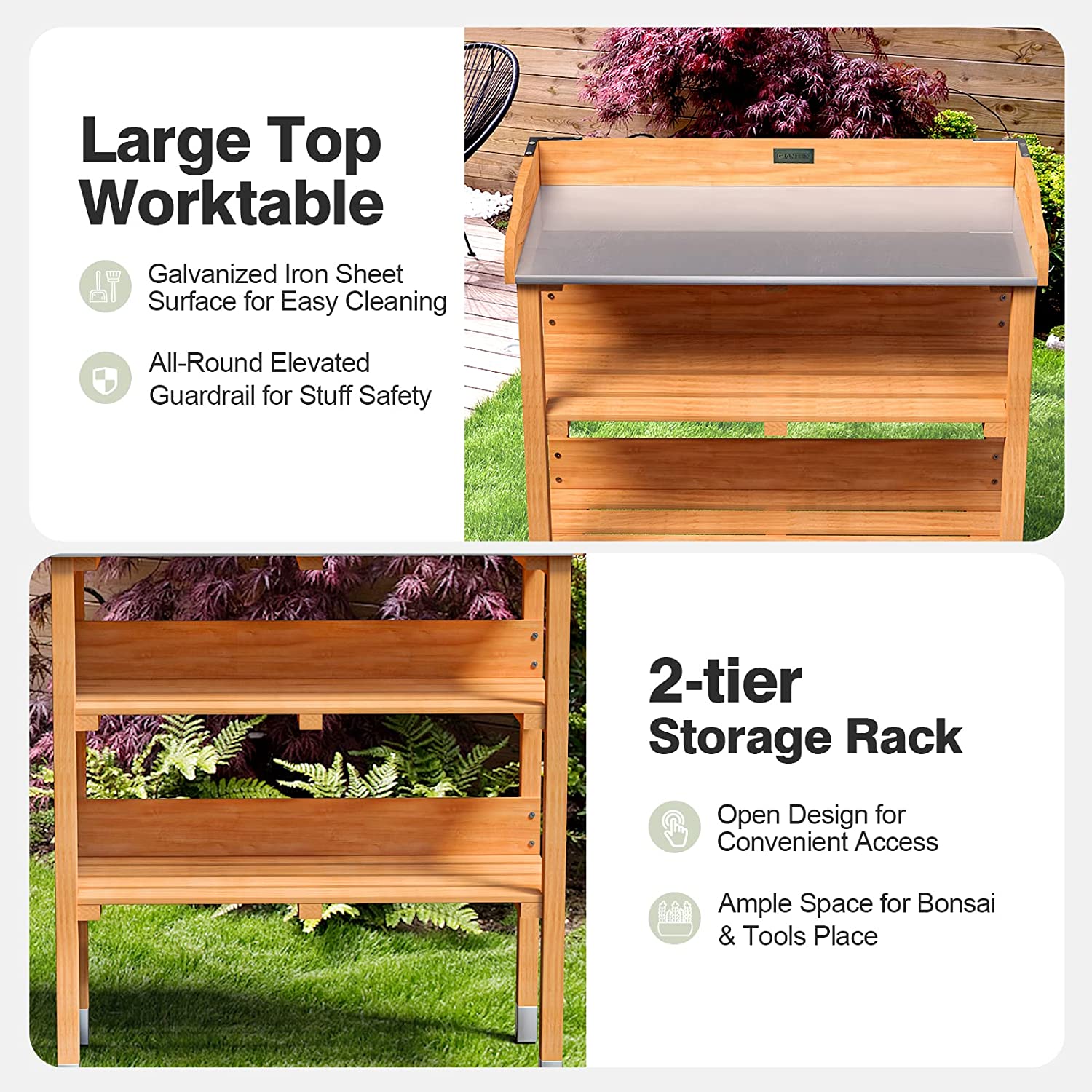 Outdoor Garden Potting Bench Wooden Work Station Table Tool Storage Shelf with Hook and Metal Tabletop