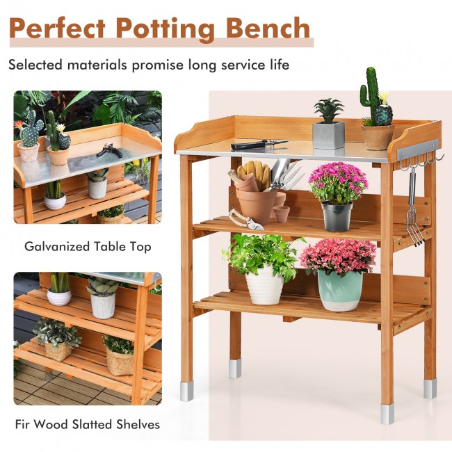 Outdoor Garden Potting Bench Wooden Work Station Table Tool Storage Shelf with Hook and Metal Tabletop