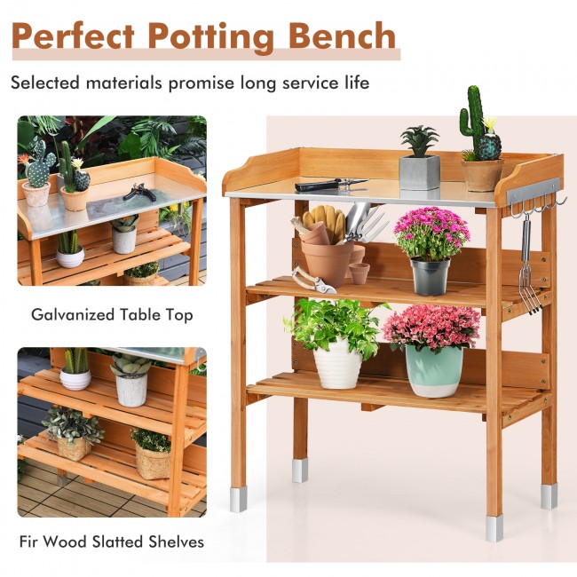 Outdoor Garden Potting Bench Wooden Work Station Table Tool Storage Shelf with Hook and Metal Tabletop