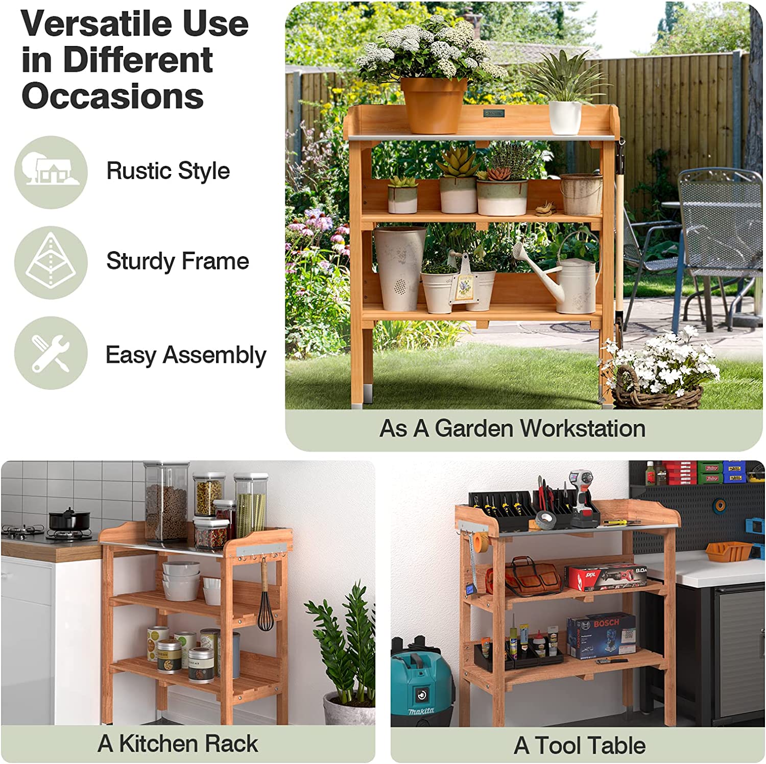 Outdoor Garden Potting Bench Wooden Work Station Table Tool Storage Shelf with Hook and Metal Tabletop