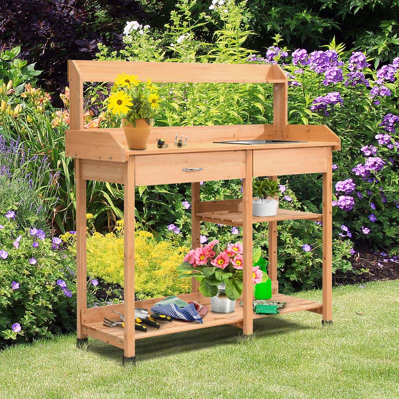 Outdoor Patio Potting Bench Table Garden Wooden Work Station Storage Shelf with Cabinet Drawer