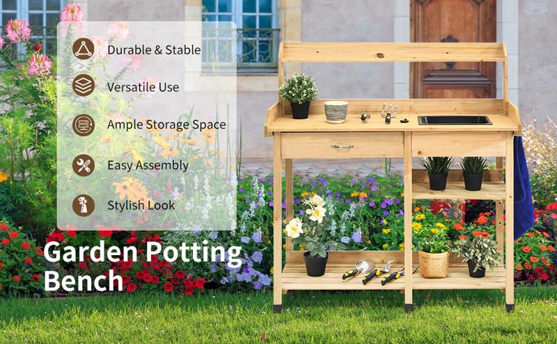 Outdoor Patio Potting Bench Table Garden Wooden Work Station Storage Shelf with Cabinet Drawer