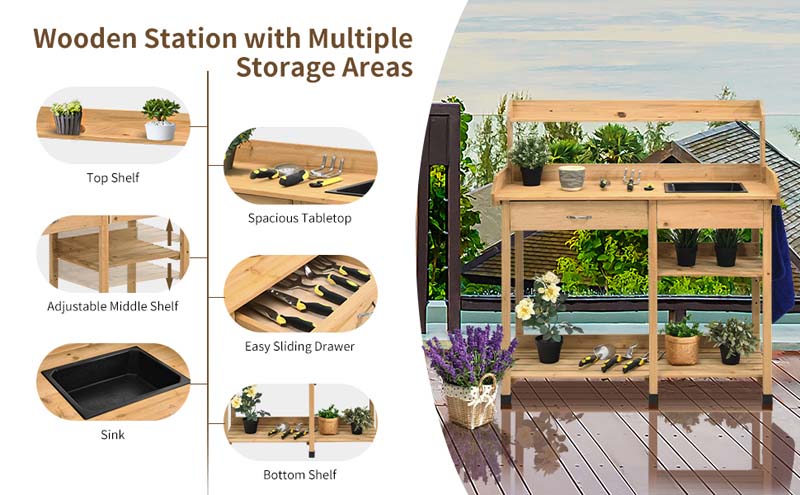 Outdoor Patio Potting Bench Table Garden Wooden Work Station Storage Shelf with Cabinet Drawer