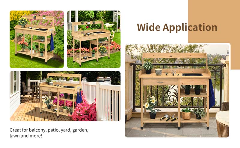 Outdoor Patio Potting Bench Table Garden Wooden Work Station Storage Shelf with Cabinet Drawer