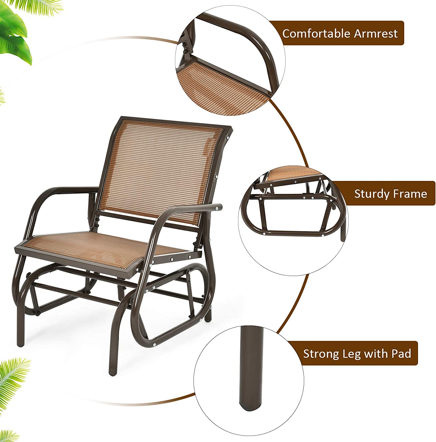 Outdoor Single Swing Rocking Chair Patio Lounge Glider Chair with Armrests