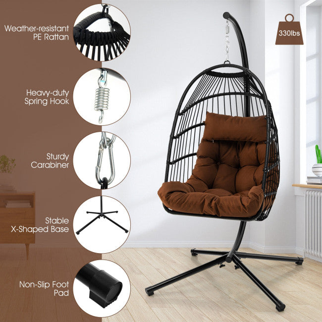 Patio Hanging Egg Swing Chair PE Rattan Hammock Chair with Removable Cushion and Waterproof Cover