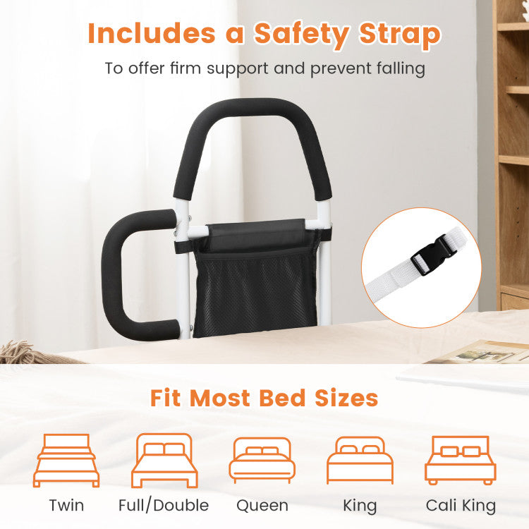 Portable Safety Bed Assist Rail with Dual Handrail and Detachable Pocket Bag for Elderly Adults