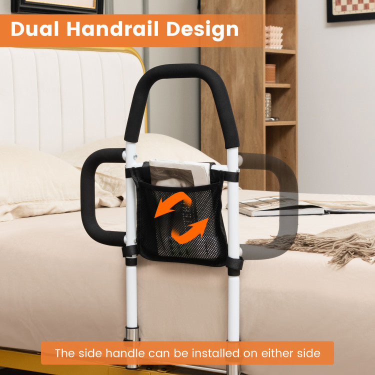 Portable Safety Bed Assist Rail with Dual Handrail and Detachable Pocket Bag for Elderly Adults
