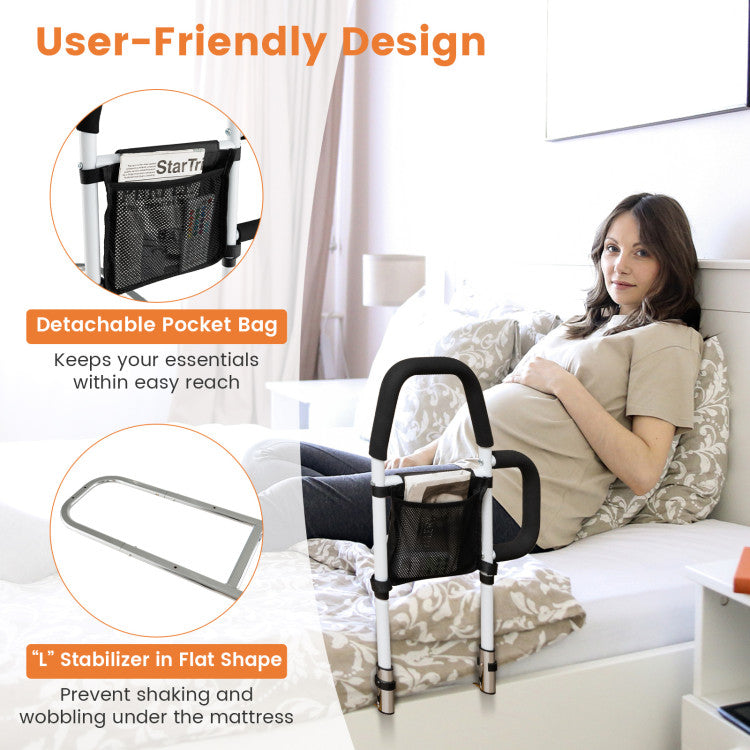 Portable Safety Bed Assist Rail with Dual Handrail and Detachable Pocket Bag for Elderly Adults
