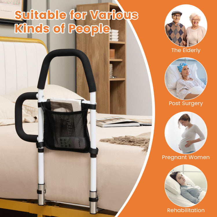Portable Safety Bed Assist Rail with Dual Handrail and Detachable Pocket Bag for Elderly Adults