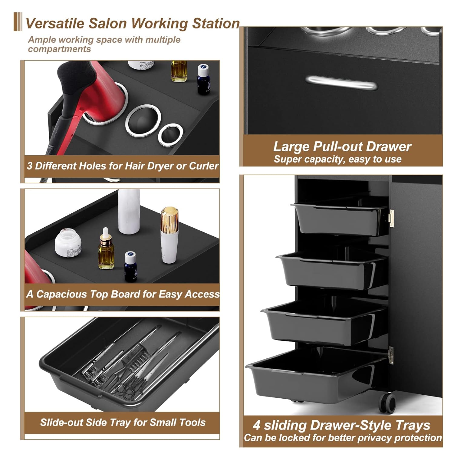Salon Trolley Cart Rolling SPA Beauty Storage Organizer Hairdressing Tool Station Mobile Makeup Cases with 4 Drawers and Hairdryer Holder