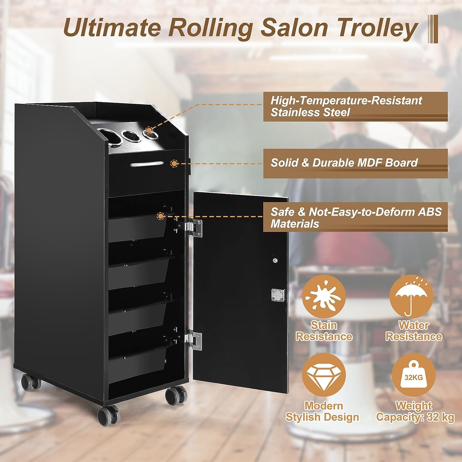 Salon Trolley Cart Rolling SPA Beauty Storage Organizer Hairdressing Tool Station Mobile Makeup Cases with 4 Drawers and Hairdryer Holder