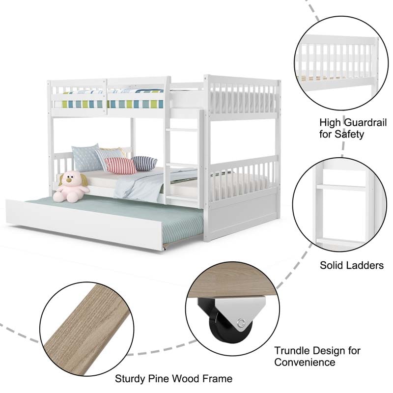 Solid Wood Convertible Bunk Bed Frame with Trundle, Safety Ladder and Guardrails for Children and Teenagers