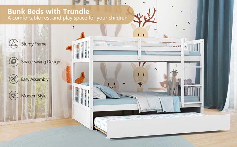 Solid Wood Convertible Bunk Bed Frame with Trundle, Safety Ladder and Guardrails for Children and Teenagers