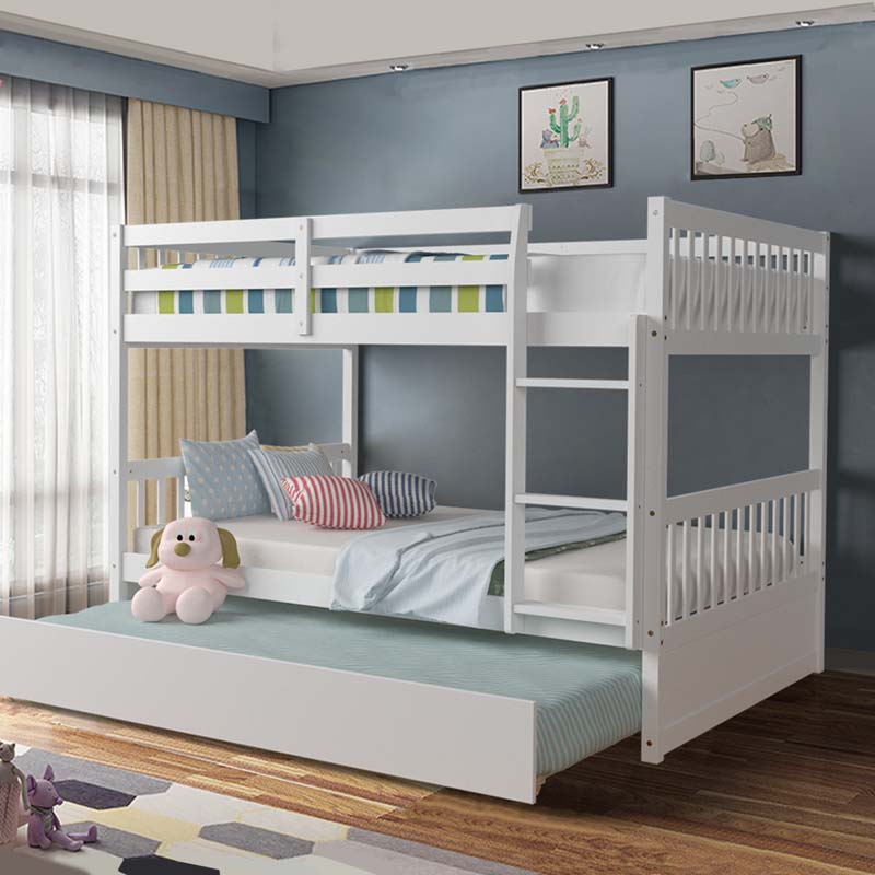 Solid Wood Convertible Bunk Bed Frame with Trundle, Safety Ladder and Guardrails for Children and Teenagers