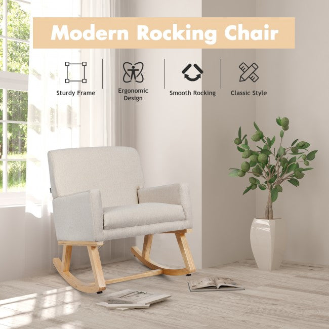 Premium Upholstered Rocking Chair with Solid Wood Base and Fabric Padded Seat