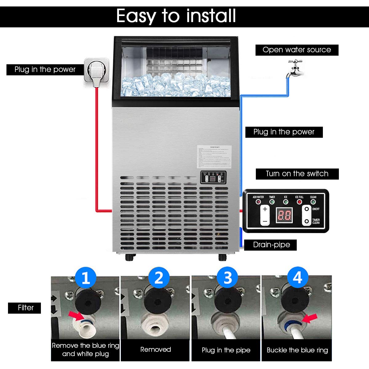 110LBS/24H Free-Standing Commercial Ice Maker Portable Built-In Stainless Steel Ice Machine with 33LBS Storage Capacity