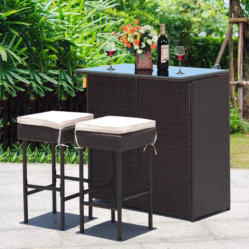 3 Pieces Outdoor Patio Rattan Wicker Bar Set with Stools & Table