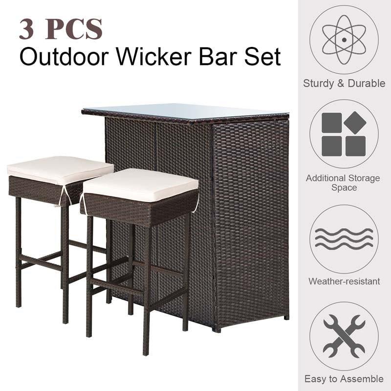 3 Pieces Outdoor Patio Rattan Wicker Bar Set with Stools & Table