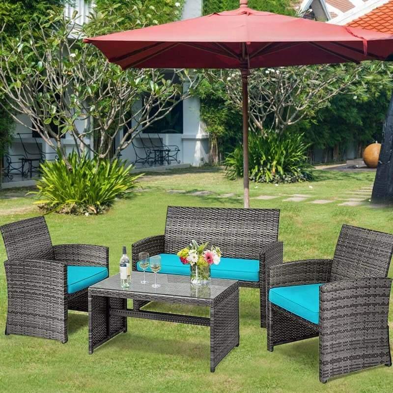 4 Pieces Outdoor Patio Wicker Sofa Set Rattan Conversation Bistro Sets with Cushions and Table