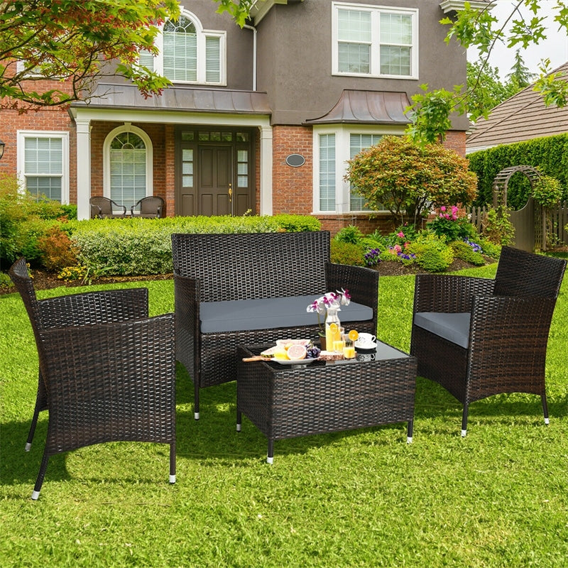 4 Pieces Patio Rattan Furniture Sets Outdoor Conversation Set Garden Bistro Sets with Cushion Table