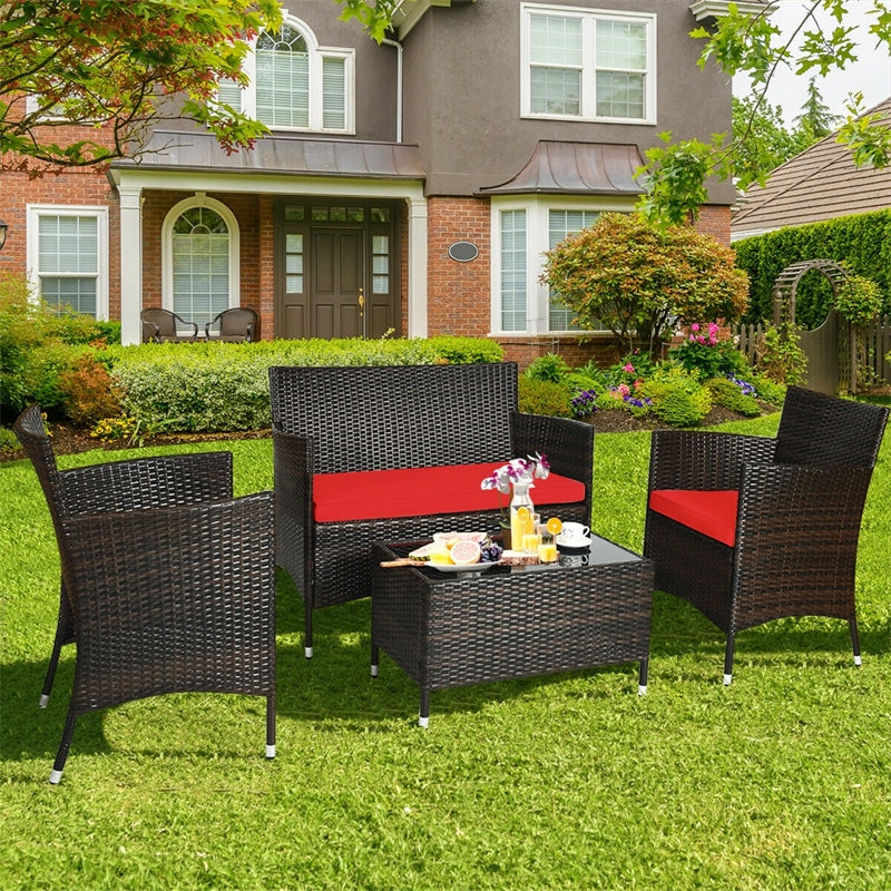 4 Pieces Patio Rattan Furniture Sets Outdoor Conversation Set Garden Bistro Sets with Cushion Table