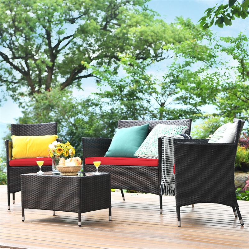 4 Pieces Patio Rattan Furniture Sets Outdoor Conversation Set Garden Bistro Sets with Cushion Table