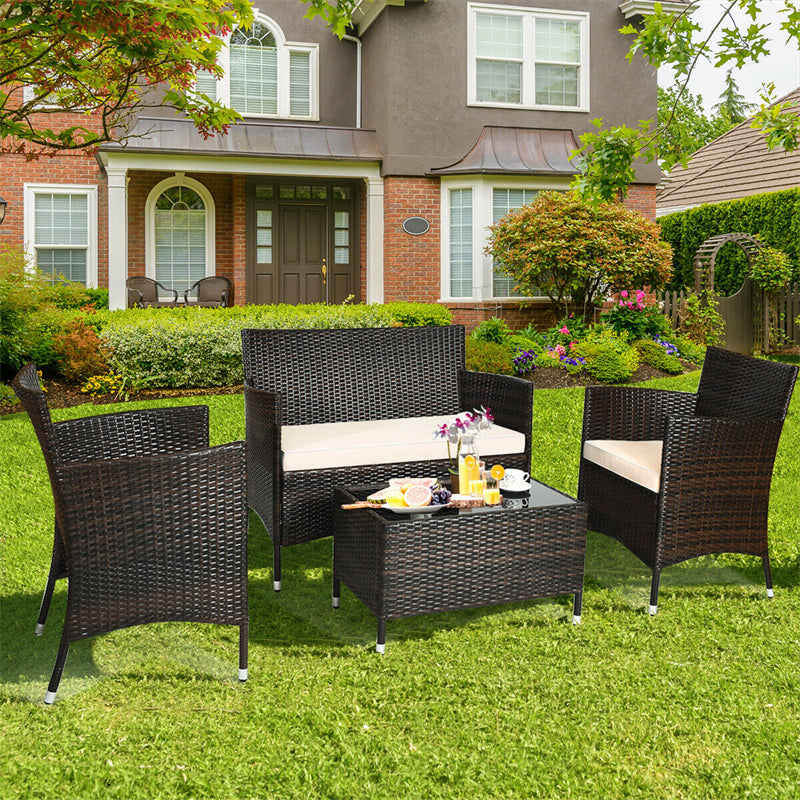 4 Pieces Patio Rattan Furniture Sets Outdoor Conversation Set Garden Bistro Sets with Cushion Table