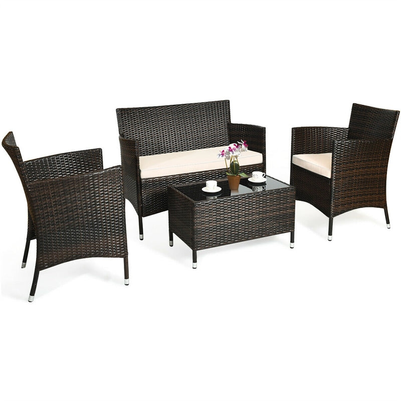 4 Pieces Patio Rattan Furniture Sets Outdoor Conversation Set Garden Bistro Sets with Cushion Table