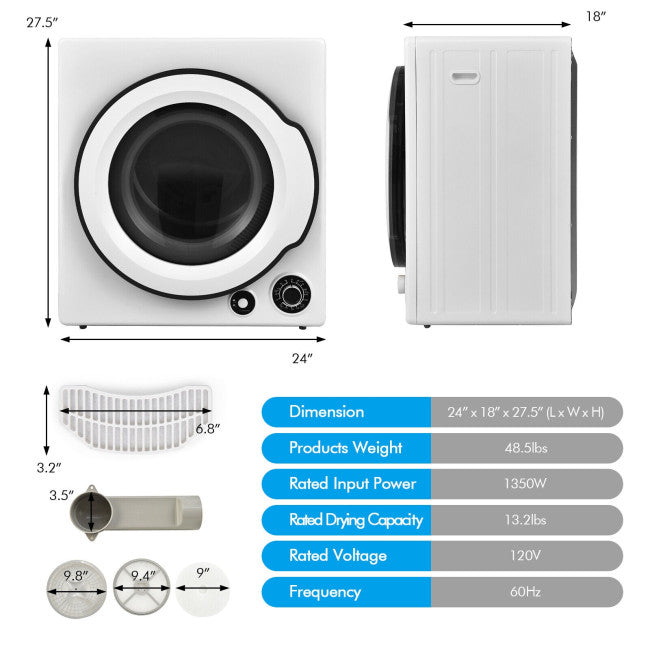 1350W Electric Portable Clothes Dryer 13.2lbs Compact Tumble Laundry Dryer with 4 Drying Modes