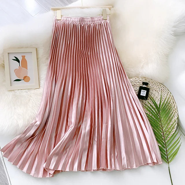 High Waist Satin Pleated Skirt SS0036 Autumn Solid Color Black Pink Blue White Long Skirt for Women