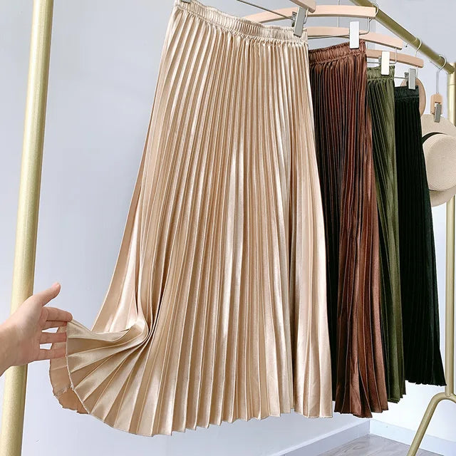 High Waist Satin Pleated Skirt SS0036 Autumn Solid Color Black Pink Blue White Long Skirt for Women