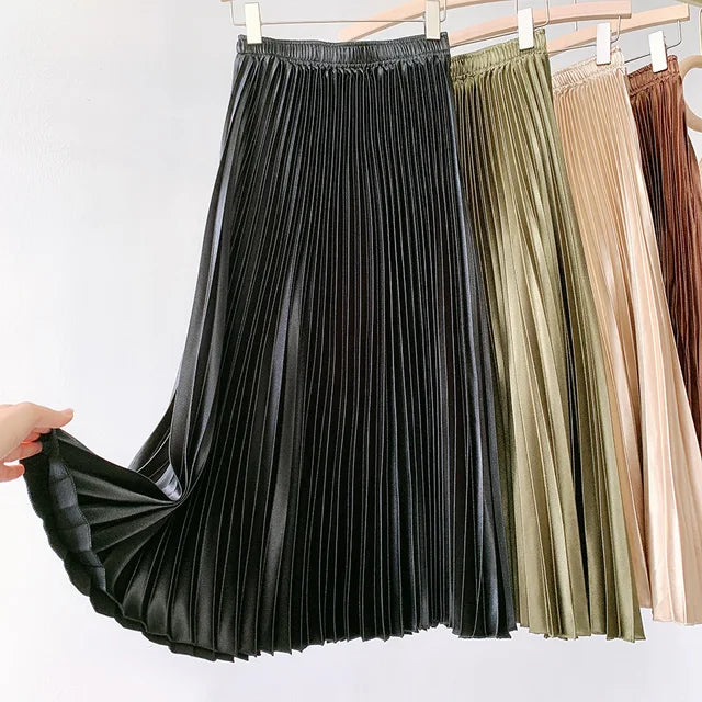 High Waist Satin Pleated Skirt SS0036 Autumn Solid Color Black Pink Blue White Long Skirt for Women