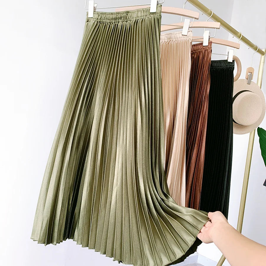 High Waist Satin Pleated Skirt SS0036 Autumn Solid Color Black Pink Blue White Long Skirt for Women