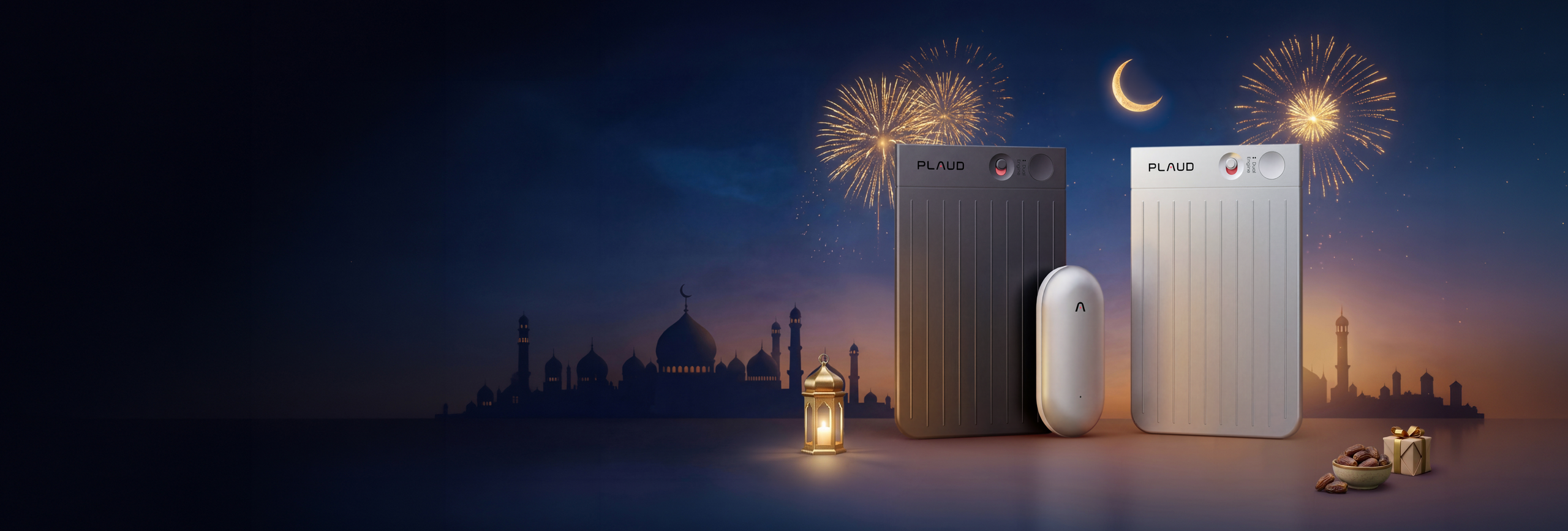 Black and silver Plaud Note and white Plaud NotePin against a festive Ramadan night sky with fireworks.