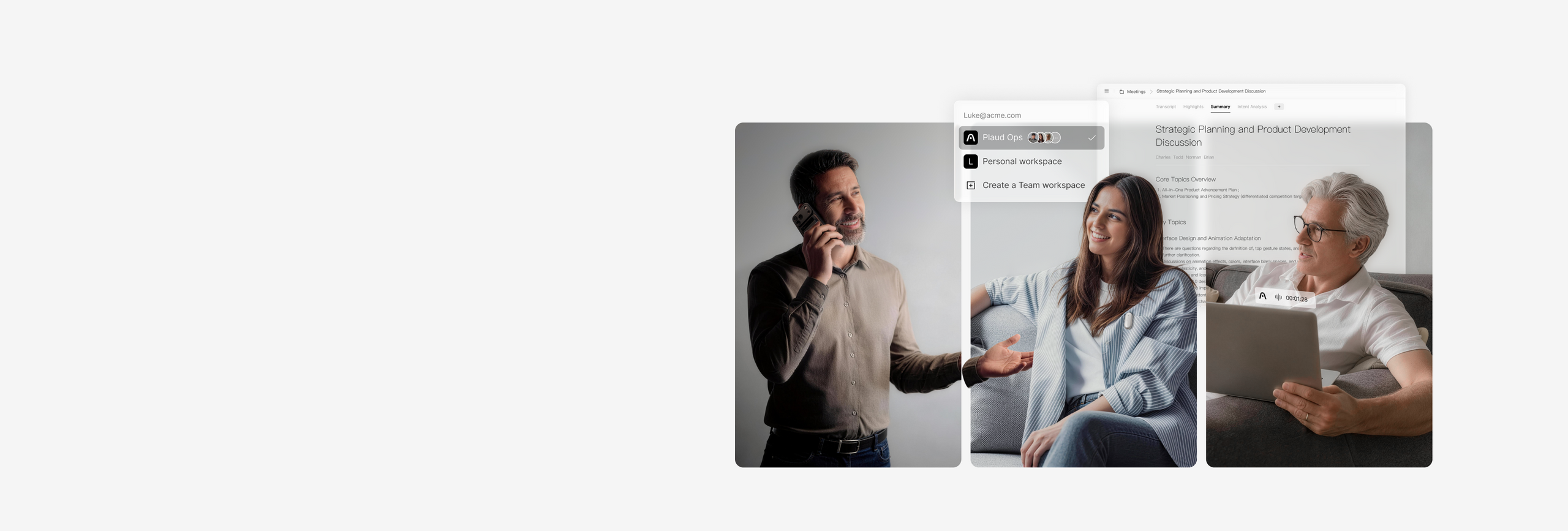 Professionals using Plaud NotePin and Plaud App to capture and share meeting summaries in a team workspace.