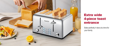 Toaster 4 Slice, Geek Chef Stainless Steel Extra-Wide Slot Toaster with  Dual Control Panels of Bagel/Defrost/Cancel Function, 6 Toasting Bread  Shade