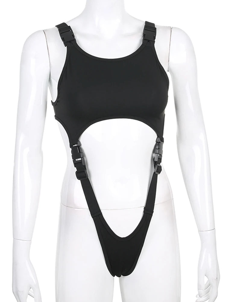 Sweetown Cut Out Sexy Strap Bodysuit